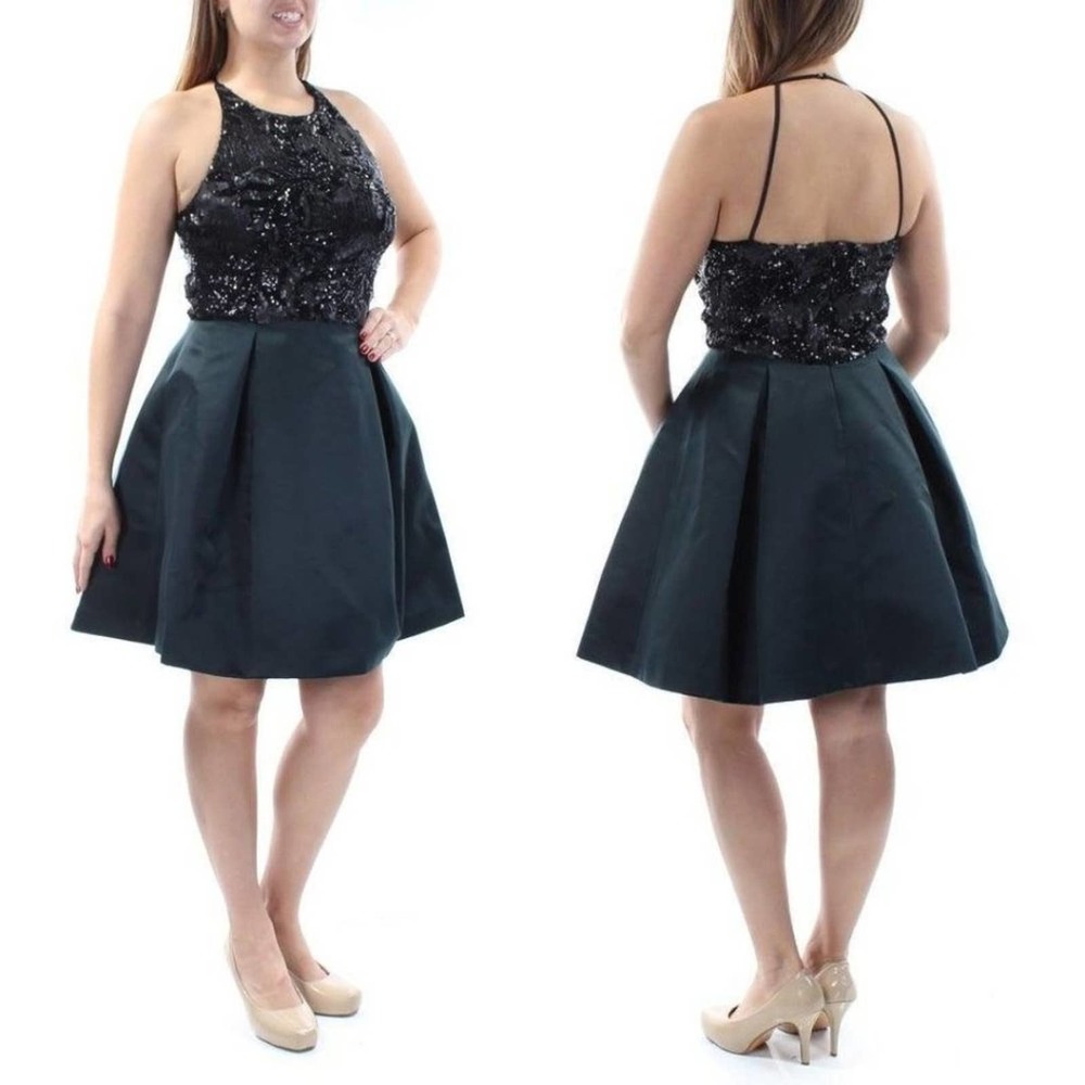 Ralph Lauren black & green sequin halter open back fit and flare dress